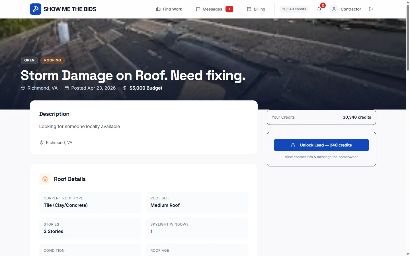 Contractor pre-unlock view with Unlock Lead CTA and aerial preview